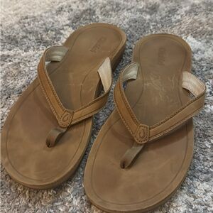 OluKai Brown Leather Flip Flops